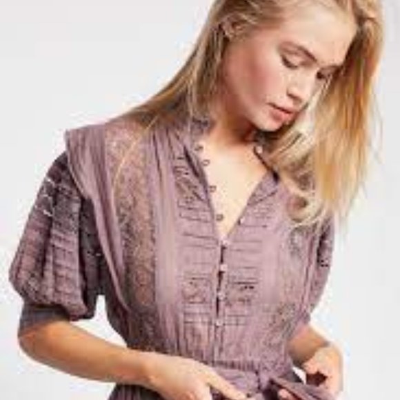 Free People Sidney Lace Pintucket Plum Dress - Picture 2 of 4